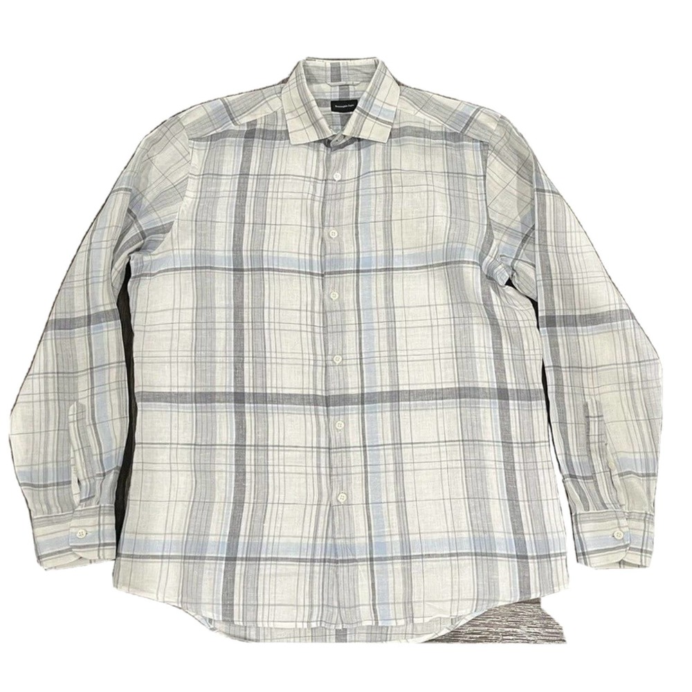 ERMENEGILDO ZEGNA Large Blue Whit 100% Linen Long Sleeve Button Down Men's Shirt